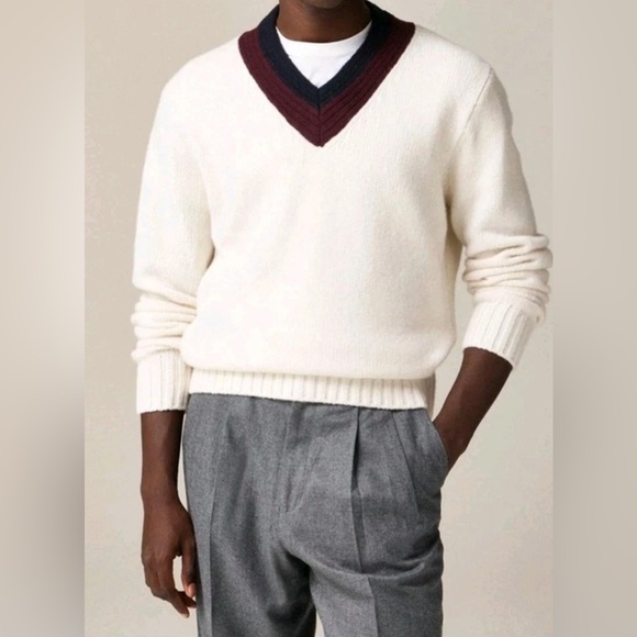 J.Crew 100% Wool V-Neck Cream Cricket Pullover Sweater...